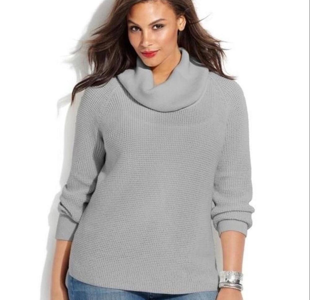 Michael Kors Grey Waffle Knit Cowl Neck Tunic Casual Cozy Sweater Large